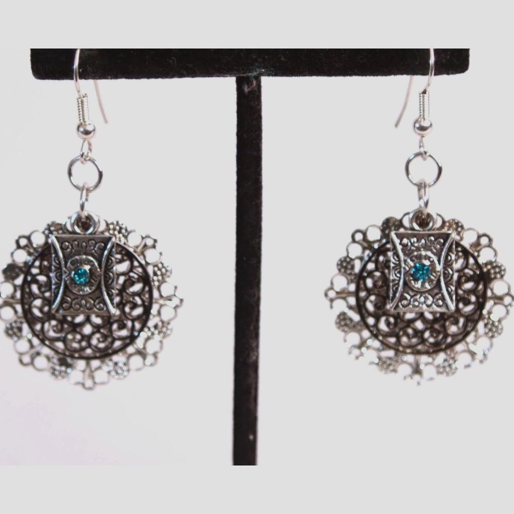 Dangle Drop Earrings Silver Tone Layered Filigree Faux Turquoise Stones